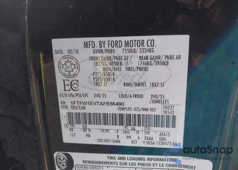2010 Ford F-150 Fx4/Harley-Davidson/King Ranch/Lariat/Platinum/Xl/Xlt z USA, uszkodzony, nr VIN 1FTFW1EV7AFB56490